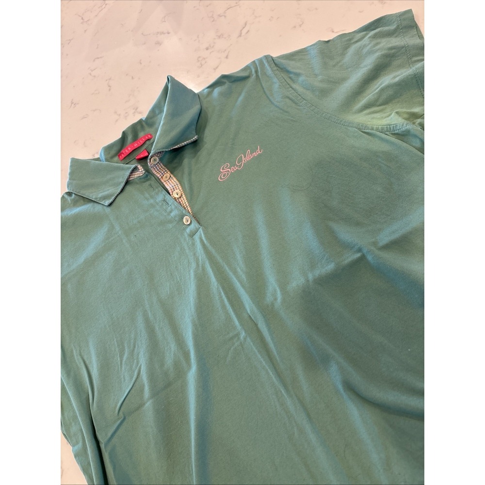 Peter Millar Golf Polo Shirt Sea Island Embroidered Sage Green Plaid Accents LG